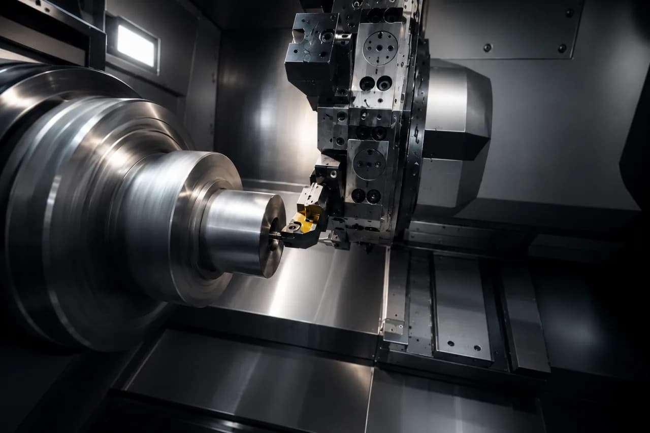 CNC-Drehen bei UYAR Präzisionstechnik, Revolver einer CNC-Drehmaschine mit Werkzeugen am rotierenden Werkstück